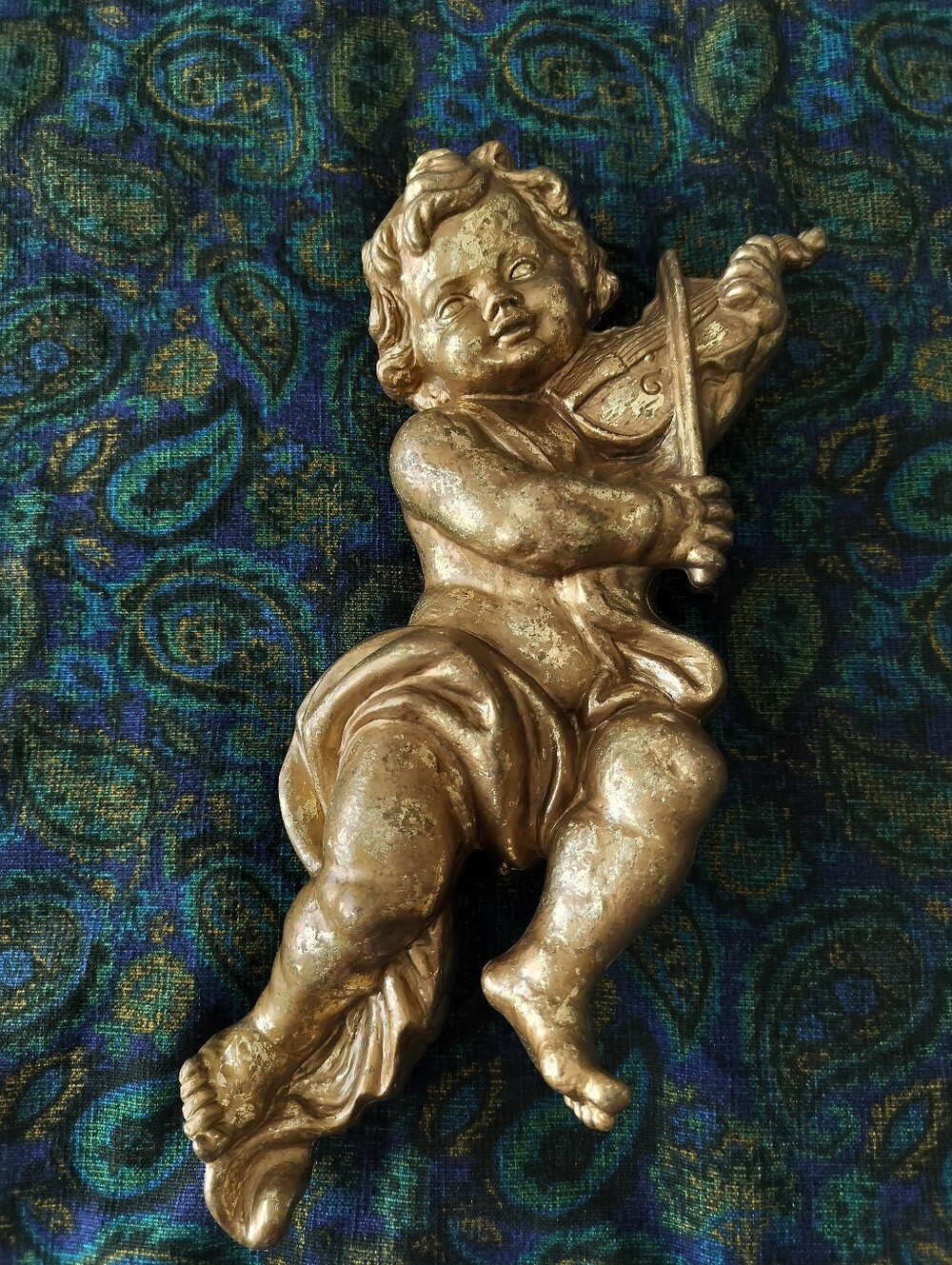 Vintage Faded Gold Cherub Wall Plaque - Baroque Angel Violin MCM Goth Decor